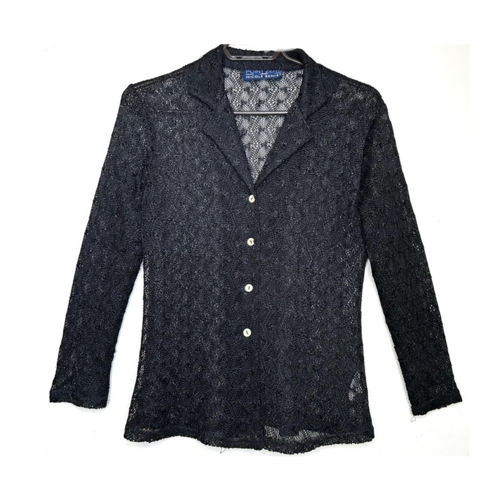 Vintage 90s Crochet Mesh Shirt Blouse Open Knit Semi Sheer Point Zero Black S